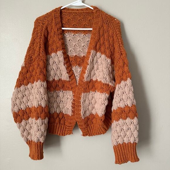 Chunky Knit Cardigan Sweater Womens SMALL Stripe Boho Preppy Academia Oversized - Picture 1 of 9